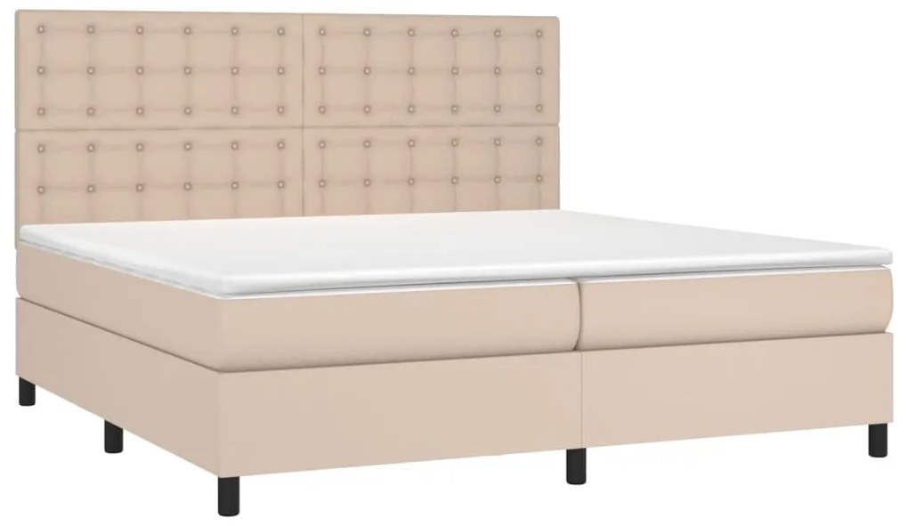 Cama box spring c/colchão/LED 200x200cm couro artif. cappuccino