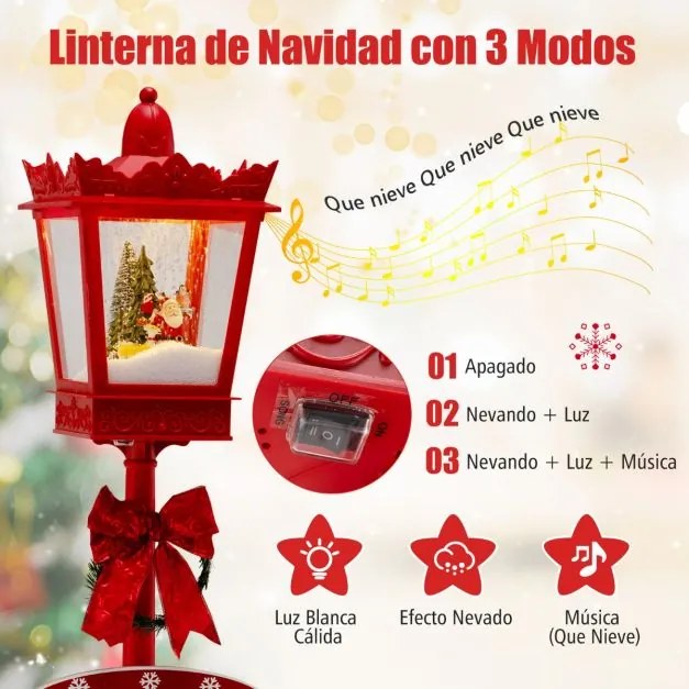 Candeeiro Natal musical natalina com 185 cm com luzes LED brancas quentes Efeitos de neve Base recarregável Vermelho