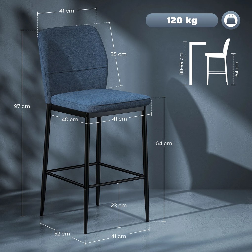 Conjunto de 2 Bancos de Bar Bancos Altos de Cozinha com Encosto e Apoio para os Pés Estofados em Veludo 41x52x97 cm Azul