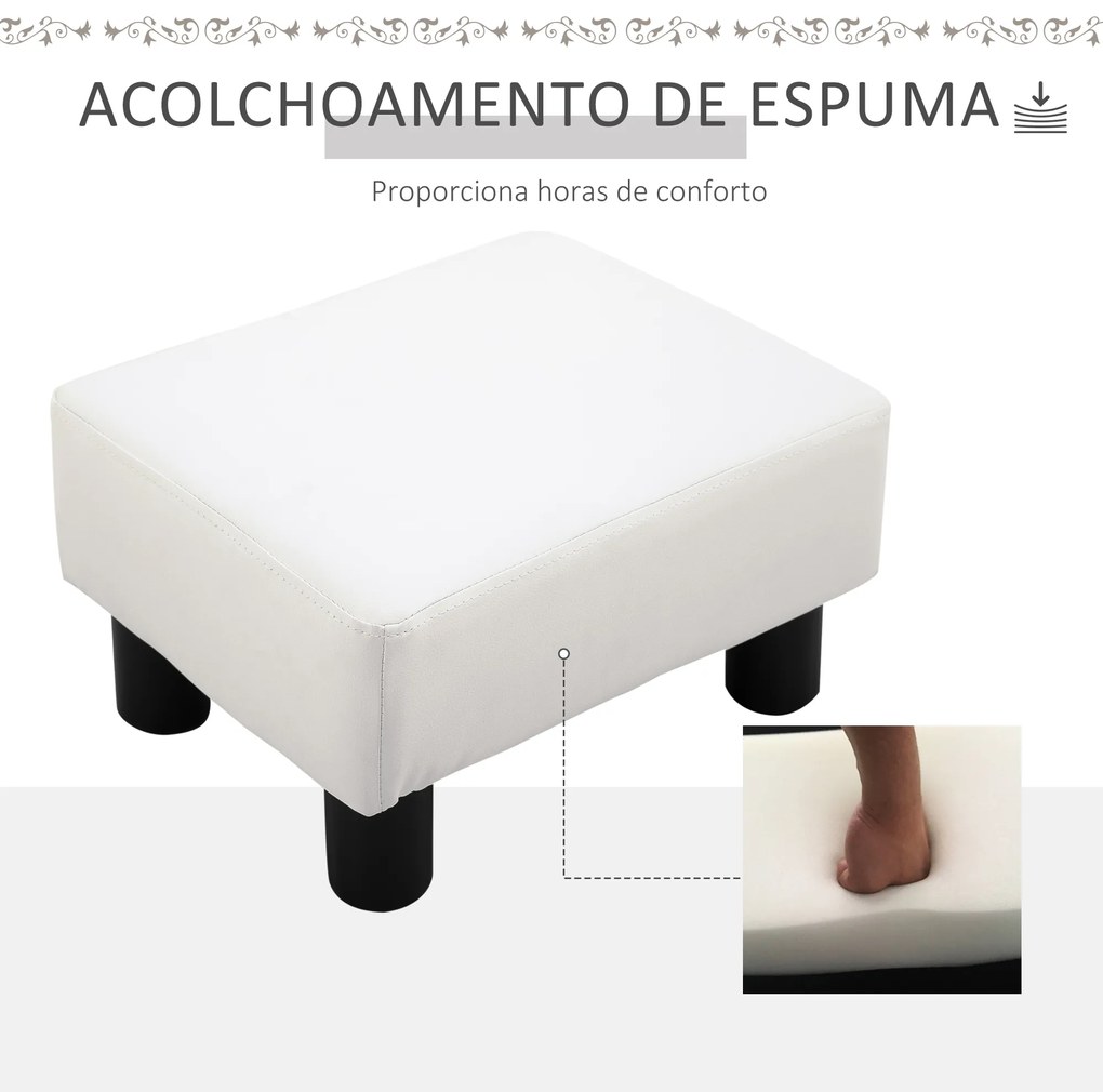 Apoio para os Pés Pufe Banco Pequeno Estofado em Pele Sintética com Assento Acolchoado e Pés de Plástico 40x30x24cm Branco