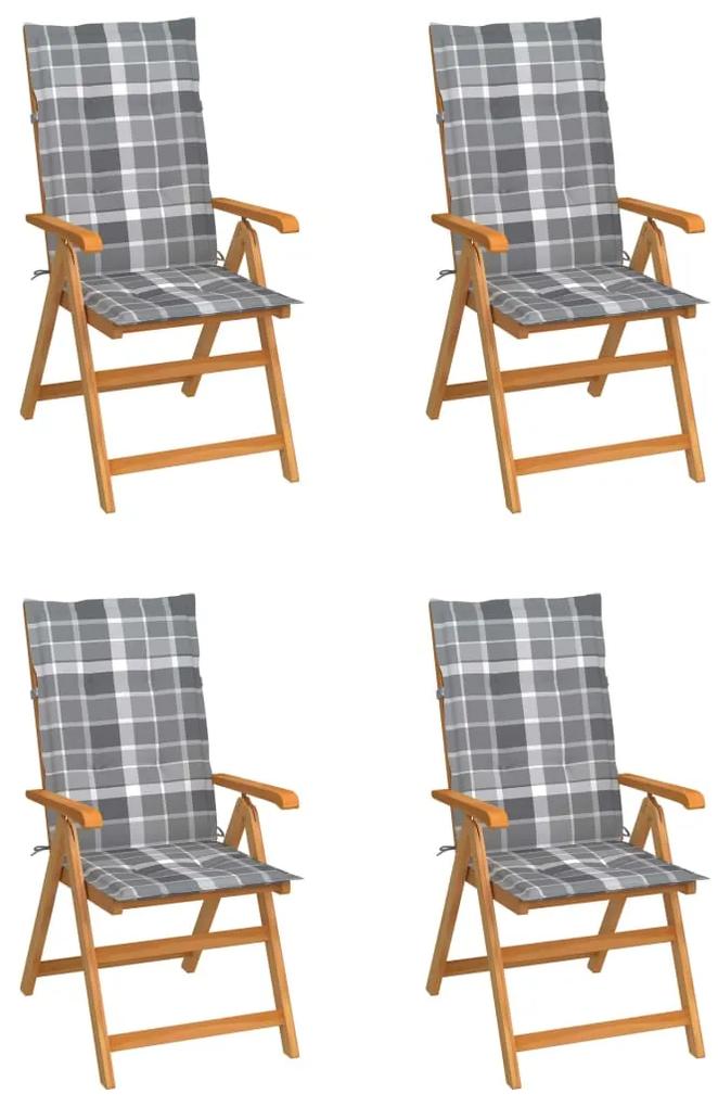 3065544 vidaXL Cadeiras jardim c/ almofadões xadrez cinzento 4 pcs teca maciça
