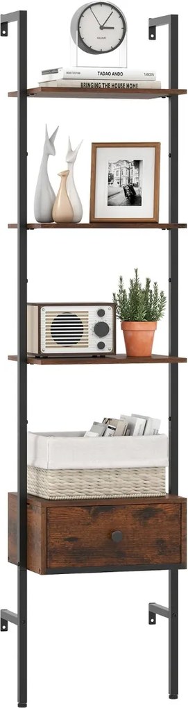 Estante em forma escada de 5 níveis com gaveta de parede alta de 177,5 cm com estrutura metálica Castanho