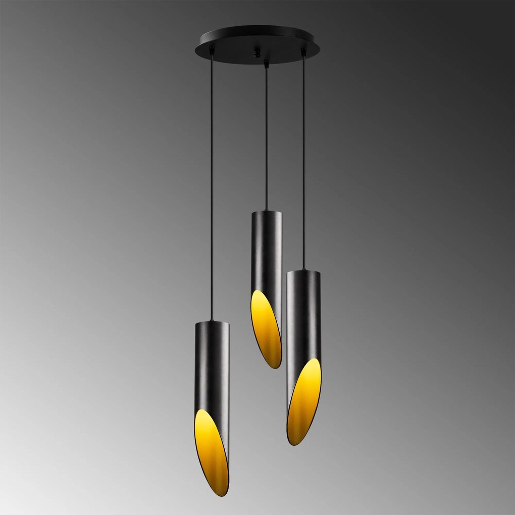 Candeeiro de Teto Kesik – Preto e Dourado – Diâmetro 33 cm, Altura 135