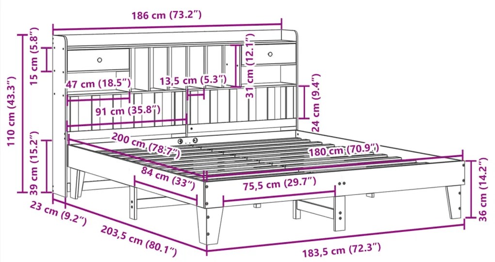 Cama sem colchão 180x200 cm pinho maciço castanho-mel