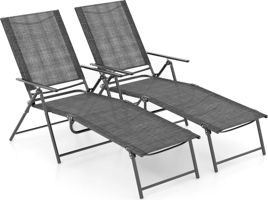 Conjunto de 2 espreguiçadeiras jardim dobráveis com encosto de 6 níveis Assento respirável Tecido Estrutura metálica 189 x 64 x 102 cm Cinzento