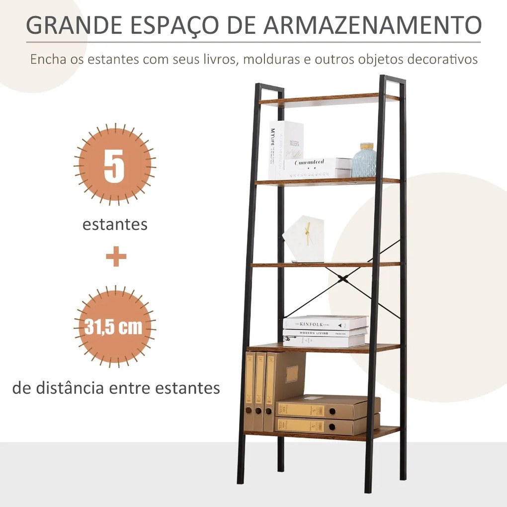 Estante de Estilo Industrial em Forma de Escada com 5 Prateleiras com Estrutura de Metal para Sala de Estar Dormitório Cozinha Escritório 56x34x160cm