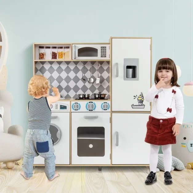 Cozinha de brincar em madeira 91 x 30 x 102 cm com máquina de gelo, fogão, máquina de lavar, forno, micro-ondas, sons e luzes reais para crianças com
