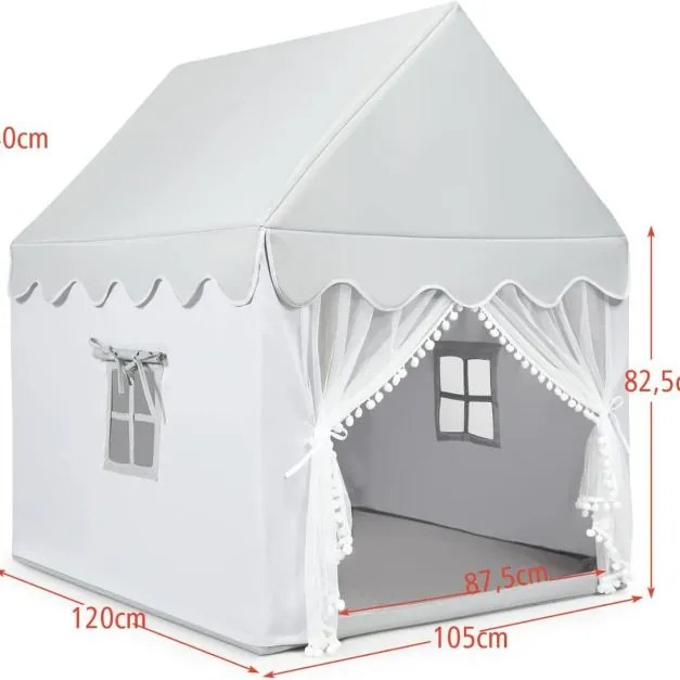 Tenda para crianças 120 x 105 x 140 cm Estrutura de madeira sólida e tapete de algodão, casa com loja, porta e janela cinza