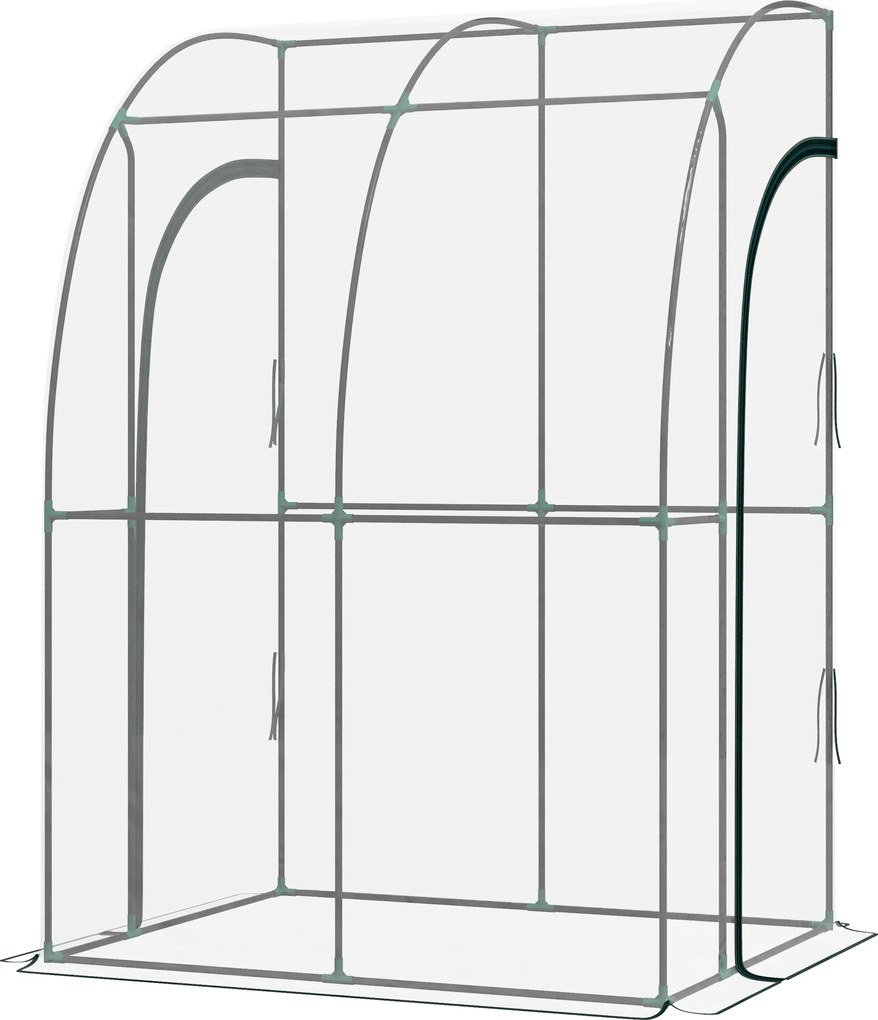 Estufa de jardim encostada, com 2 portas enroláveis com fecho de correr, em aço e PVC transparente