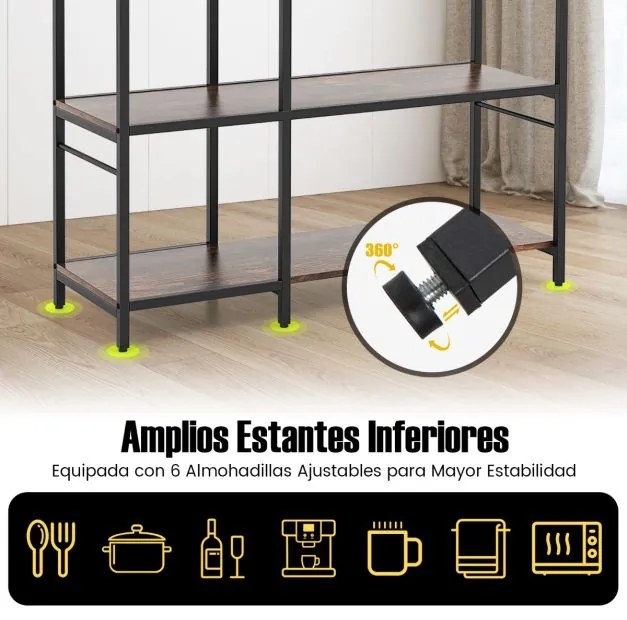 Estante de 5 níveis para cozinha com 2 tomadas e com 10 ganchos 107 x 37 x 160 cm para micro-ondas Castanha