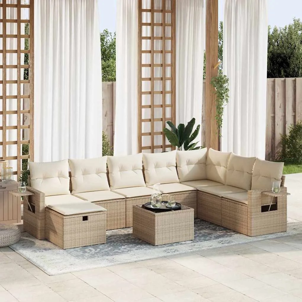 vidaXL 9 pcs conjunto de sofás p/ jardim com almofadões vime PE bege