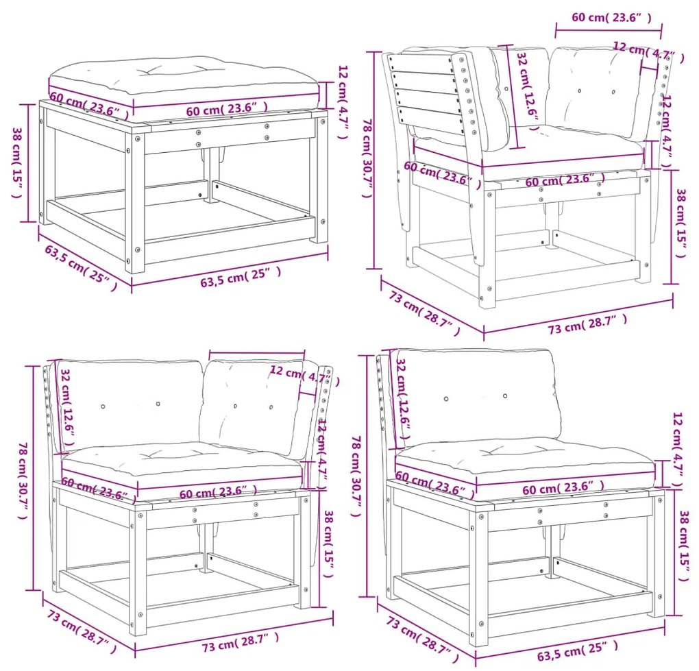 8 pcs conjunto lounge de jardim c/ almofadões pinho maciço