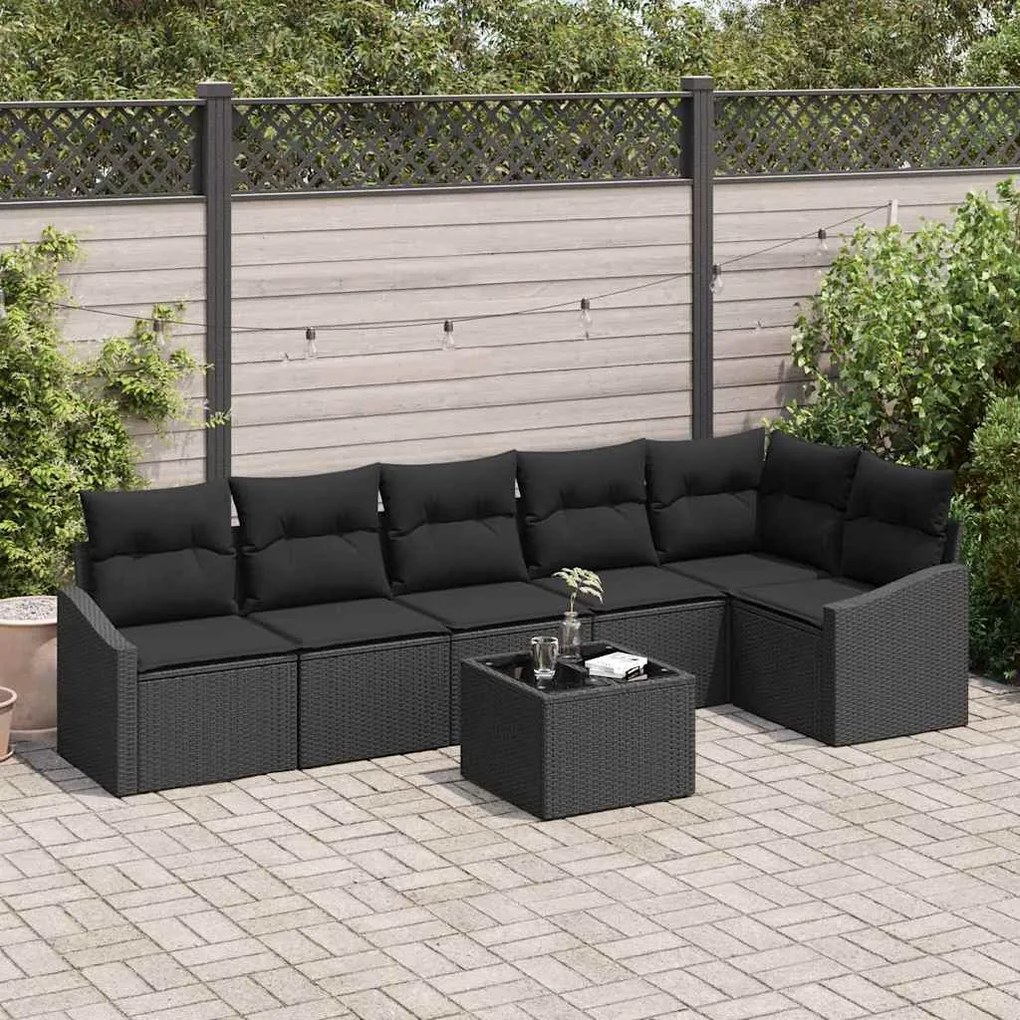 vidaXL Conjunto de Sofá de Jardim de 7 Peças com Almofadas Pretas em Rattan Sintético