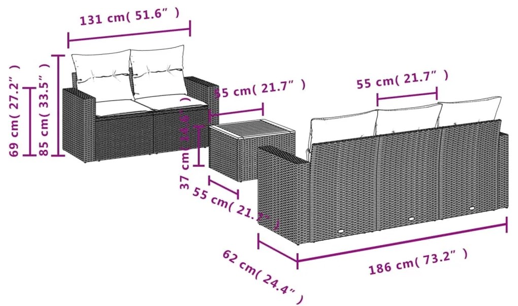 6 pcs conjunto sofás de jardim com almofadões vime cinzento