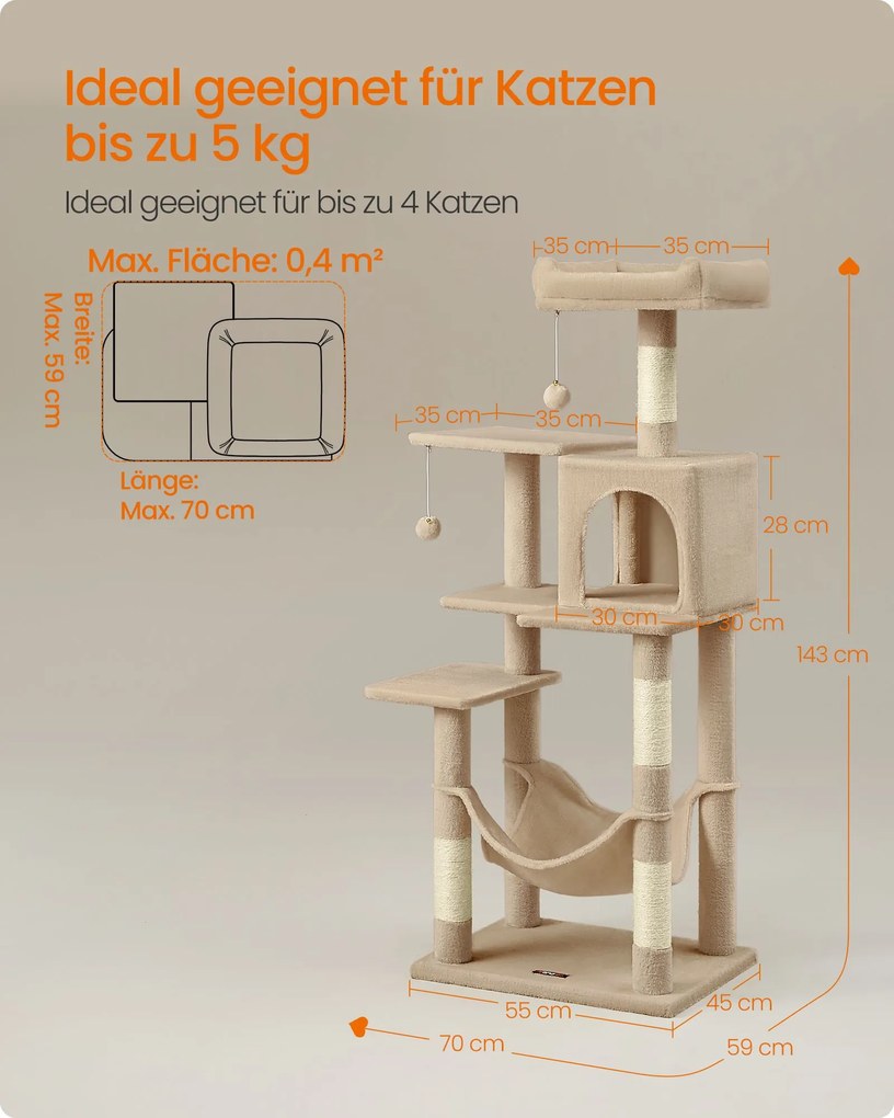 Arranhador Gatos com 143 cm de altura com 4 postes de arranhar castanho camel