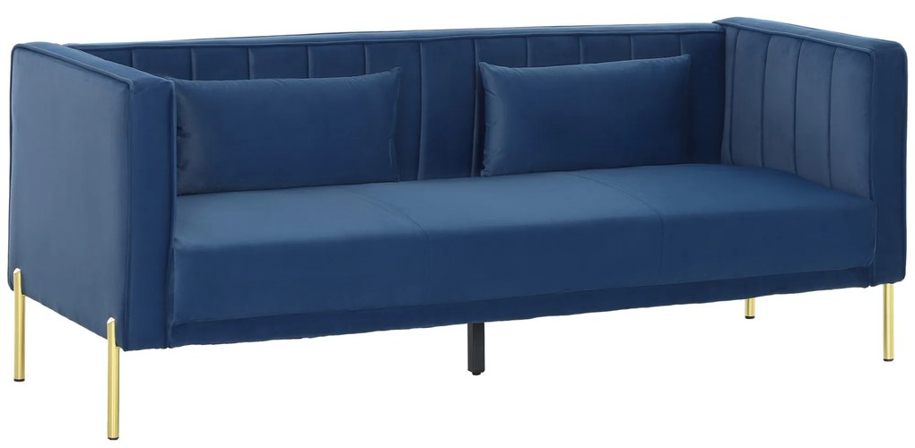 HOMCOM Sofá de 3 Lugares Estofado em Veludo com 2 Almofadas Apoio para os Braços e Pés Dourados 194,5x76x76 cm Azul Marinho