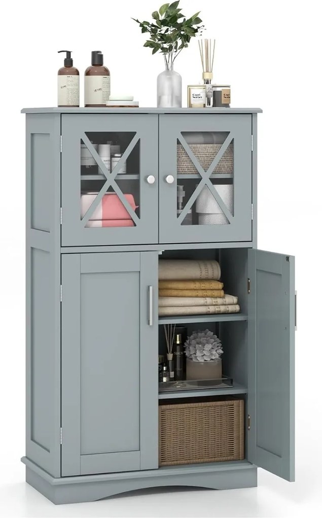 Armário de casa de banho em madeira com 2 portas e 3 estantes reguláveis 60 x 30 x 108 cm Cinzento