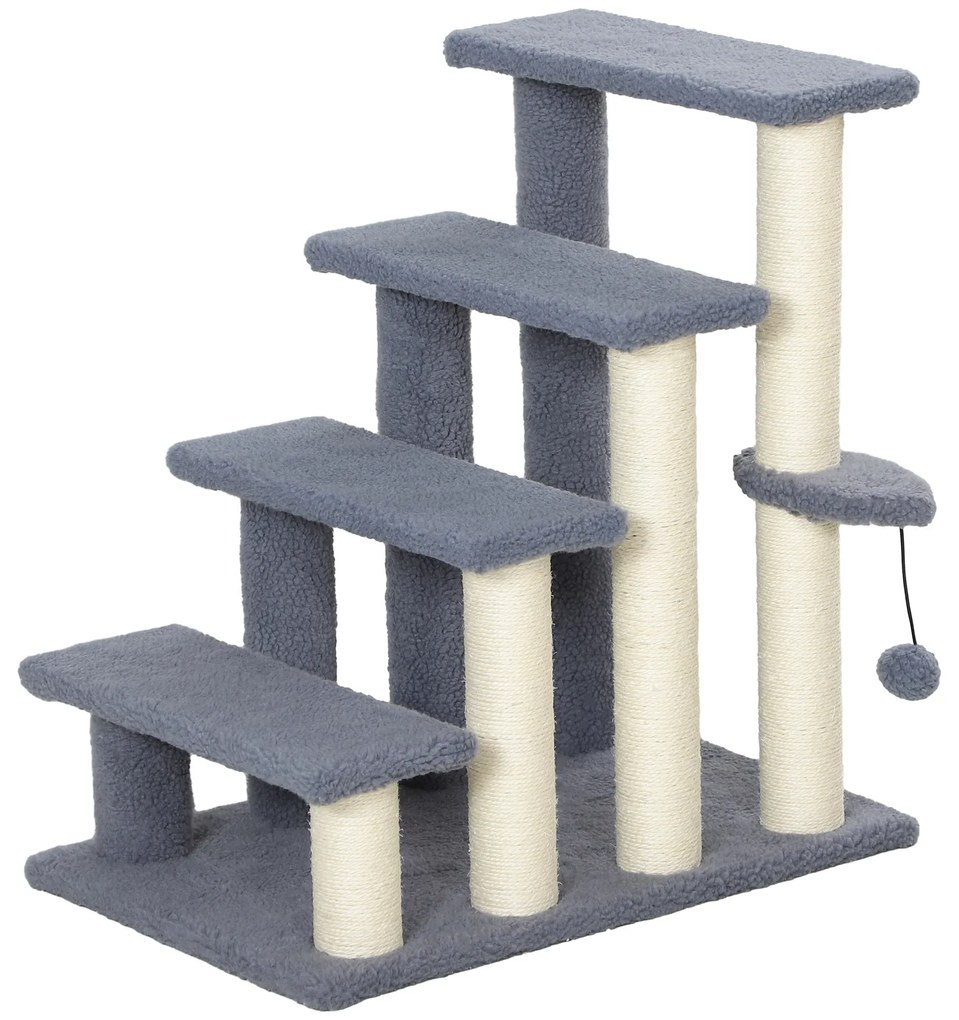 Arranhador para Gatos de 4 Níveis Escada para Animais de Estimação Revestida com Franela Suave Poste de Sisal Bola Suspensa 60x40x64 cm Cinzento