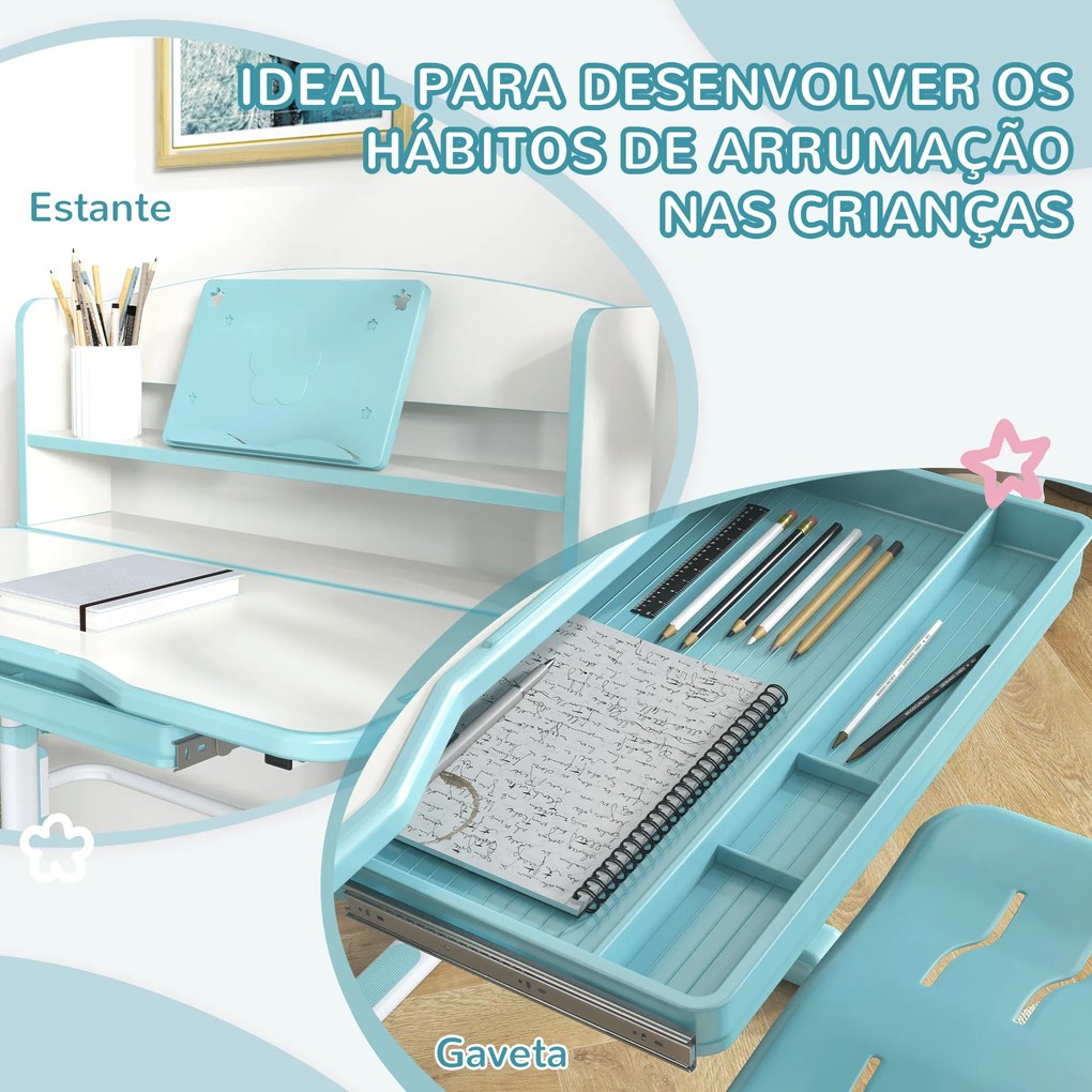 Conjunto de Secretária e Cadeira para Crianças com Altura Ajustável e Ângulo da Mesa Ajustável 80x54,5x82-104 cm Azul