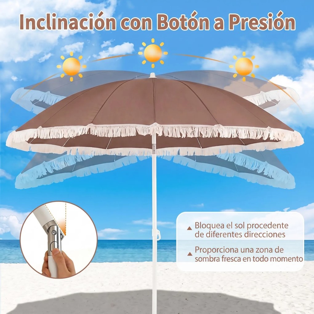 Guarda-sol de praia com franjas, 200 cm, 12 varas, ângulo de inclinação ajustável, proteção solar, estilo boémio, para jardim, pátio ou piscina, Cafe