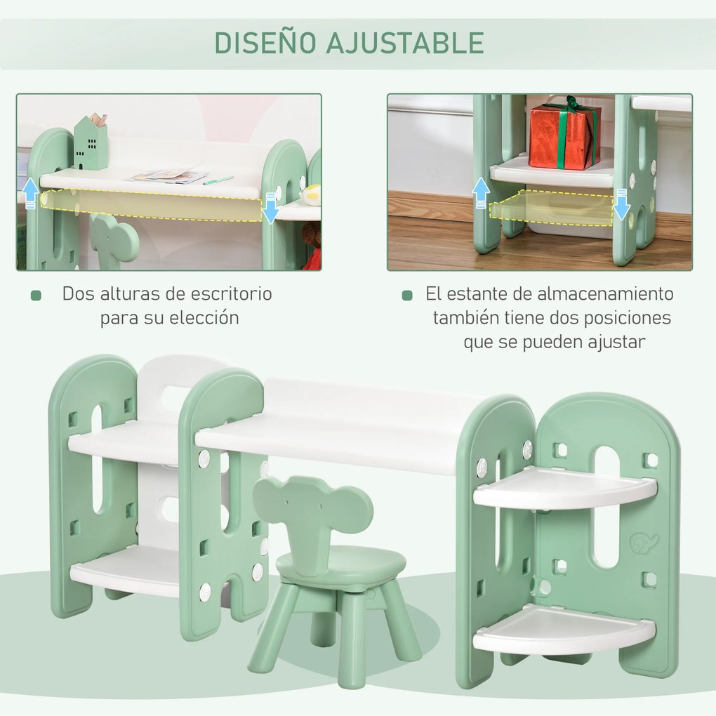 HOMCOM Conjunto de Mesa e Cadeira Infantil 2 em 1 com Prateleira Conjunto de Mesa e Cadeira para Crianças com 4 Prateleiras de Armazenamento para Livros Brinquedo 150x35x62,5cm Verde e Branco