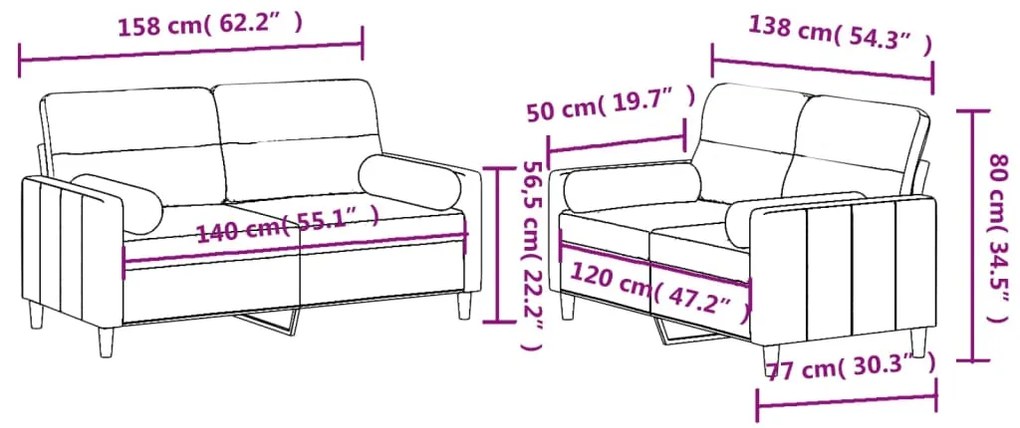 2 pcs conjunto de sofás com almofadas tecido castanho
