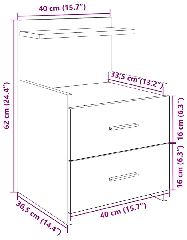 Mesa de cabeceira com 2 gavetas carvalho fumado 40x36,5x62 cm