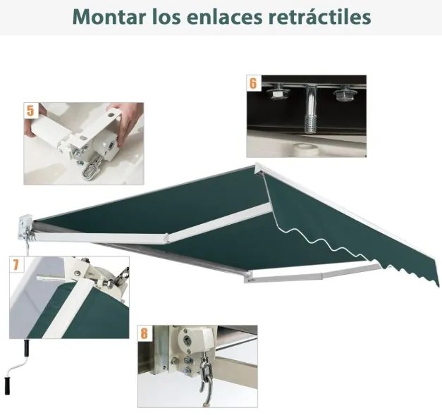 Toldo retrátil 245 x 200 cm com manivela manual em poliéster impermeável, marquise em alumínio para porta de janela verde