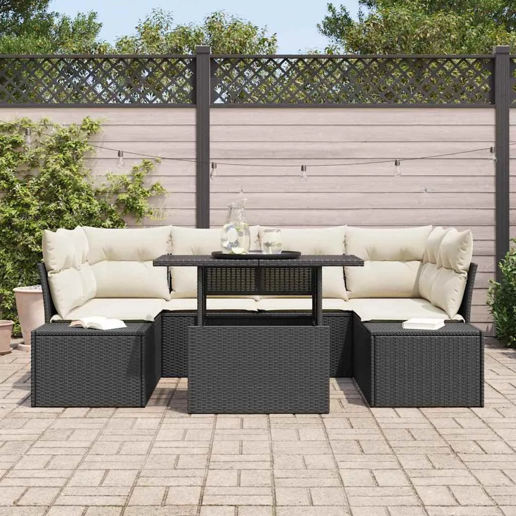 Conjunto de Sofá de Jardim com 7 Peças e Almofadas Preto em Rattan
