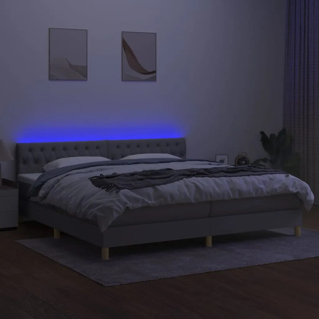 Cama box spring c/ colchão e LED 200x200 cm tecido cinza-claro