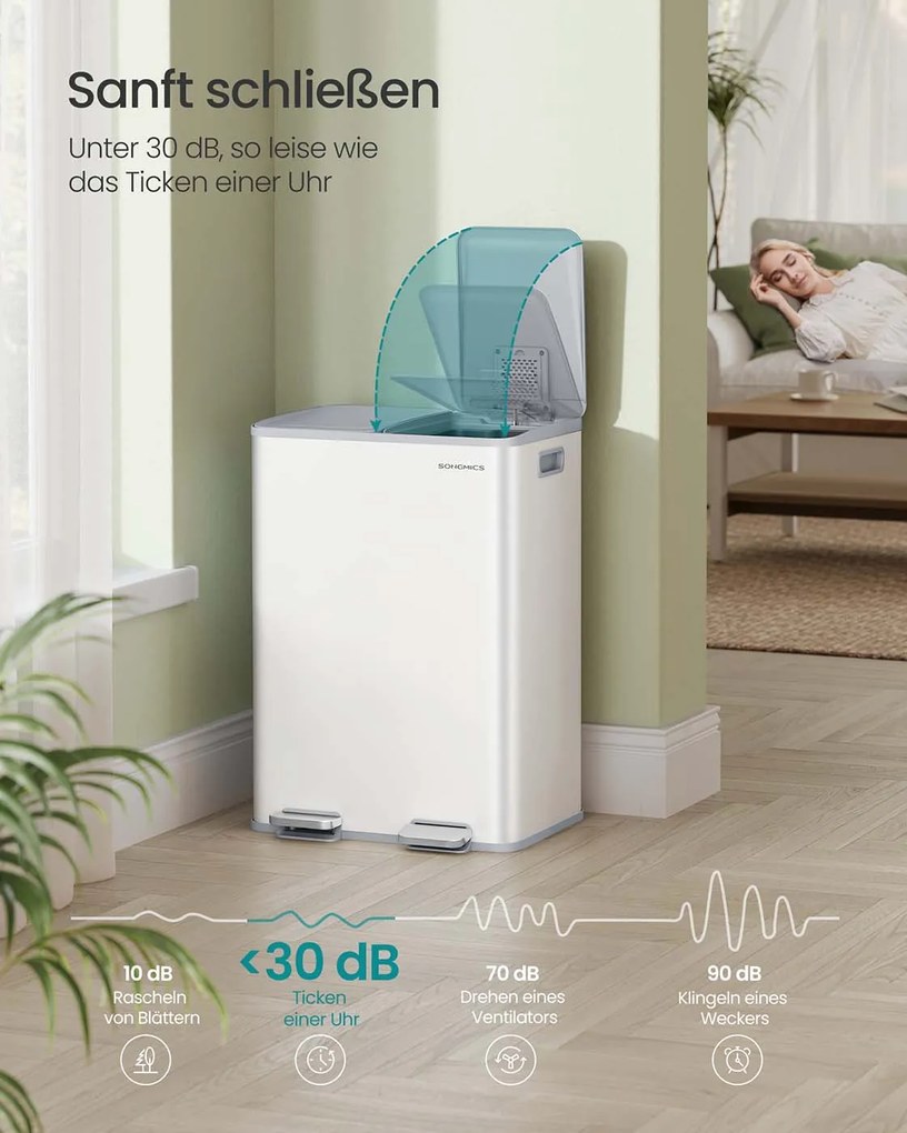 Caixote do lixo de cozinha com dois compartimentos e tampa de fecho suave em aço 47,6 x 37,7 x 66,9 cm Branco