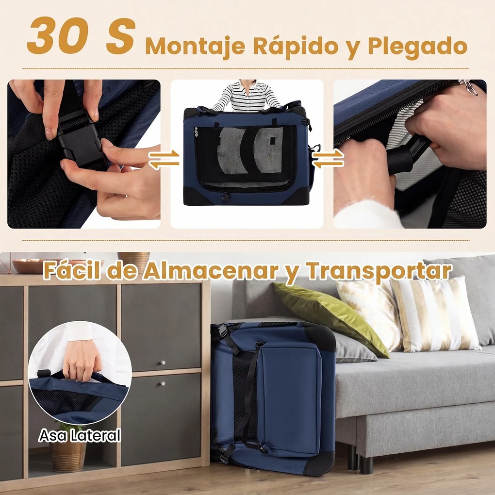 Transportadora dobrável tamanho M 72 x 52,5 x 52,5 cm para animais de estimação, com janelas de rede, 3 portas, cama felpuda e bolsos removíveis, para