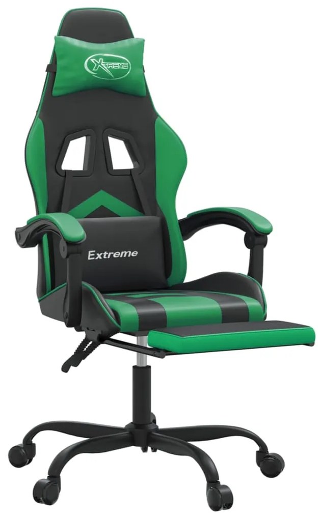 Cadeira gaming giratória c/ apoio pés couro artif. preto/verde