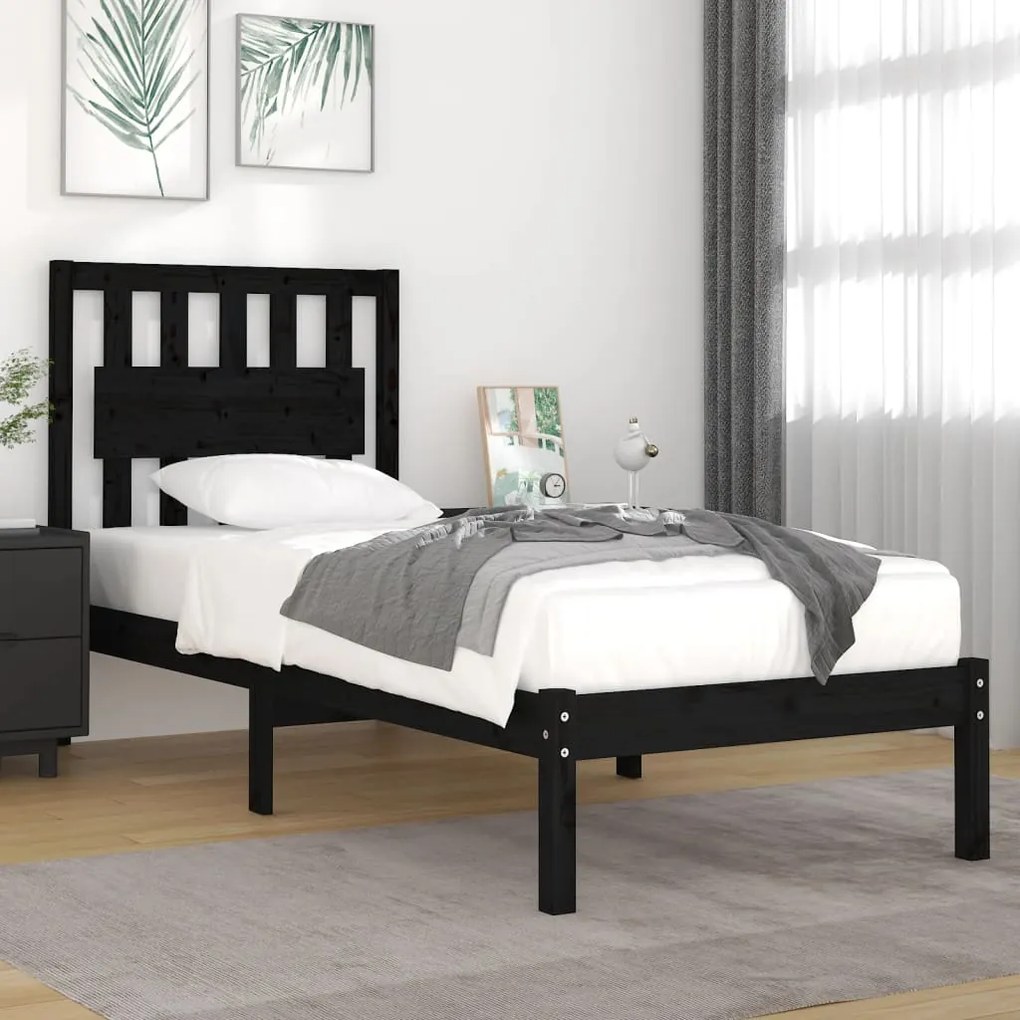 vidaXL Estrutura de cama pequena solteiro 75x190 cm pinho maciço preto