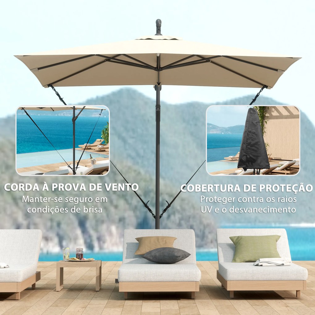 Chapéu de Sol Excêntrico 247x247 cm com Base Cruzada Capa Ajustável Manivela Capa Protectora e Corda de Vento Caqui