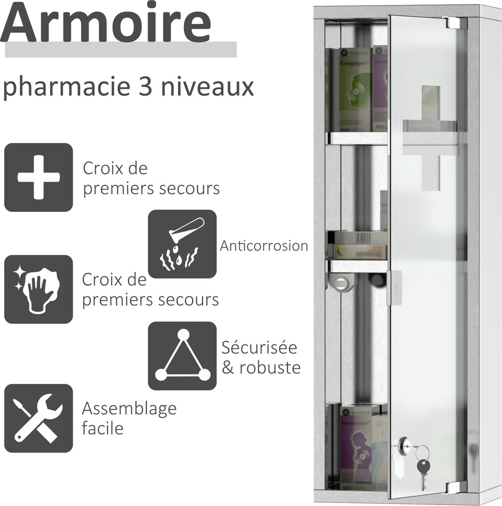 Armário medicamentos com 2 prateleiras e 3 níveis, 20 L x 12 L x 58 A cm, porta em vidro temperado, em aço inoxidável