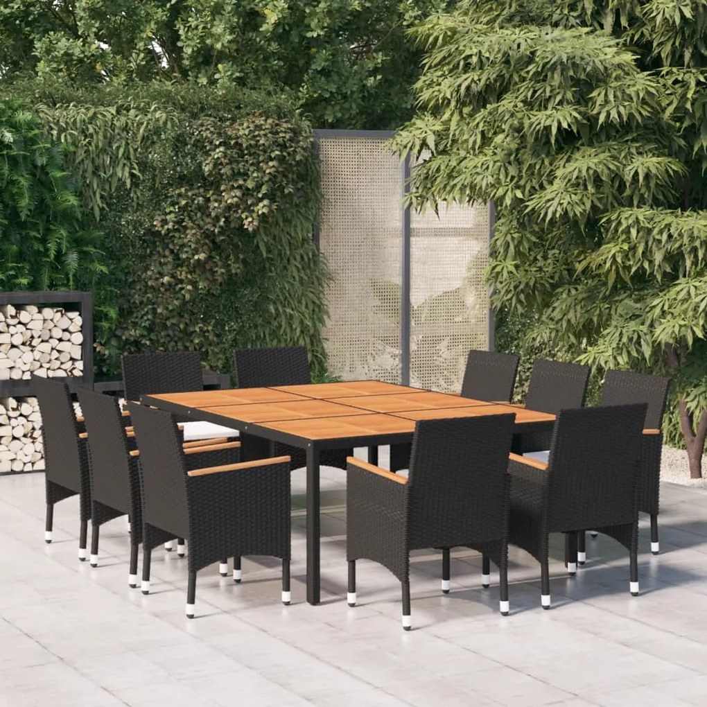 11 pcs conjunto de jantar para jardim vime PE preto