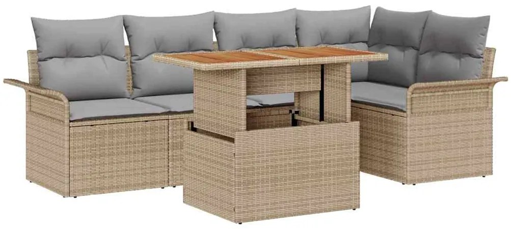 Conjunto de Jantar para Jardim de 6 Peças com Almofadas de Rattan Bege
