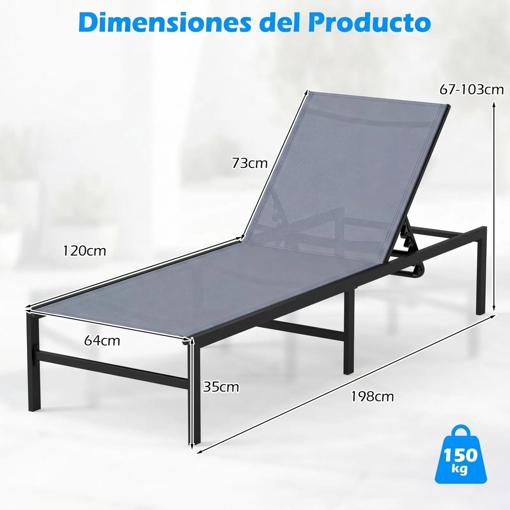 Conjunto de 2 Espreguiçadeiras de Exterior, 64 x 198 x 67-103 cm, Encosto Ajustável em 6 Níveis, Cinzento