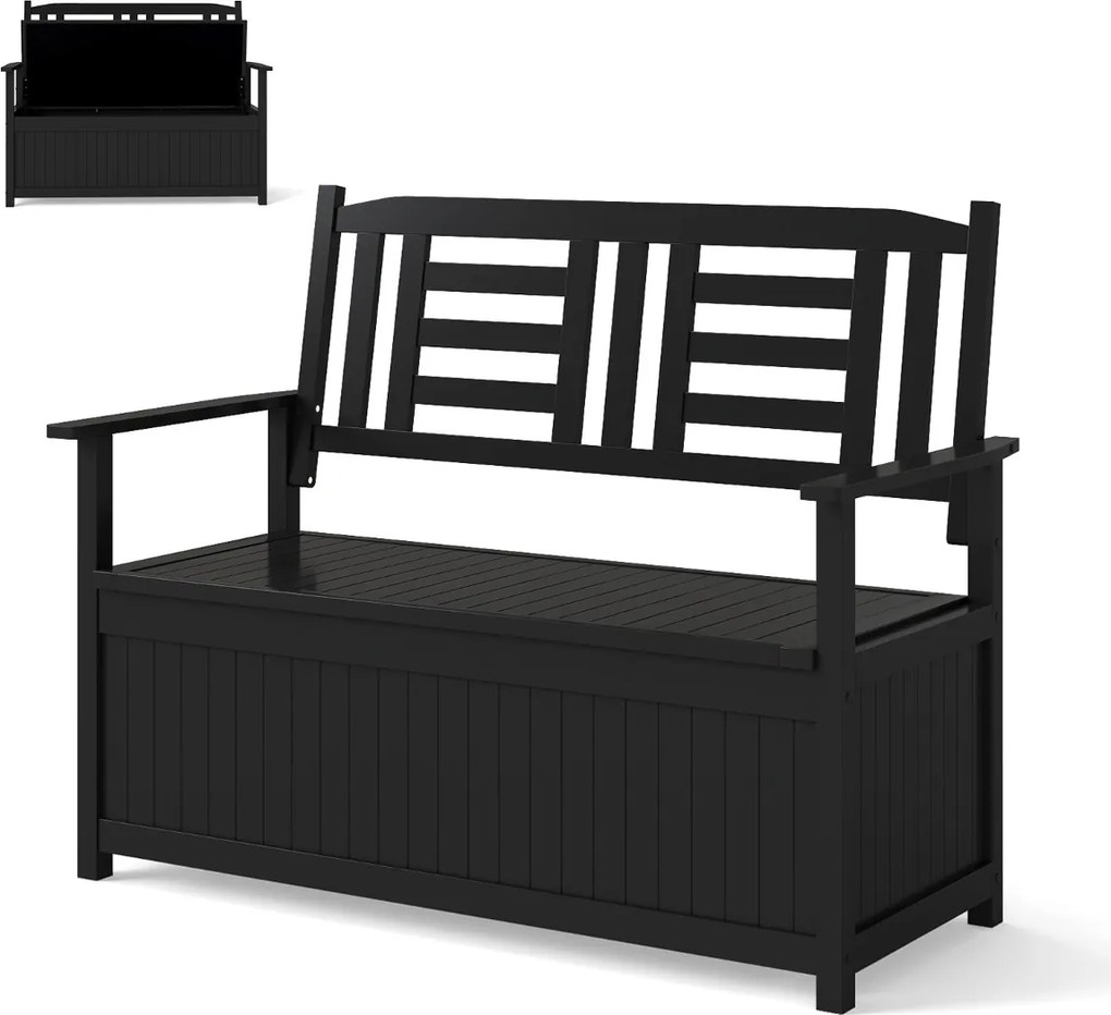 Banco jardim 123 x 68,5 x 96 cm com armazenamento para pátio com 185 L para 2 pessoas com encosto e braços Preto