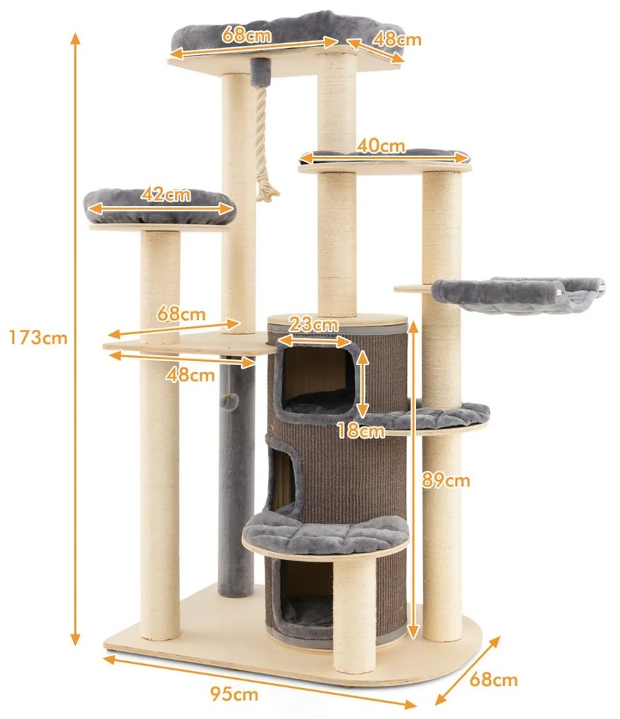 Arranhador para gatos com vários níveis e postes para arranhar Mobiliário moderno para gatos de interior 95 x 68 x 173 cm Cinzento