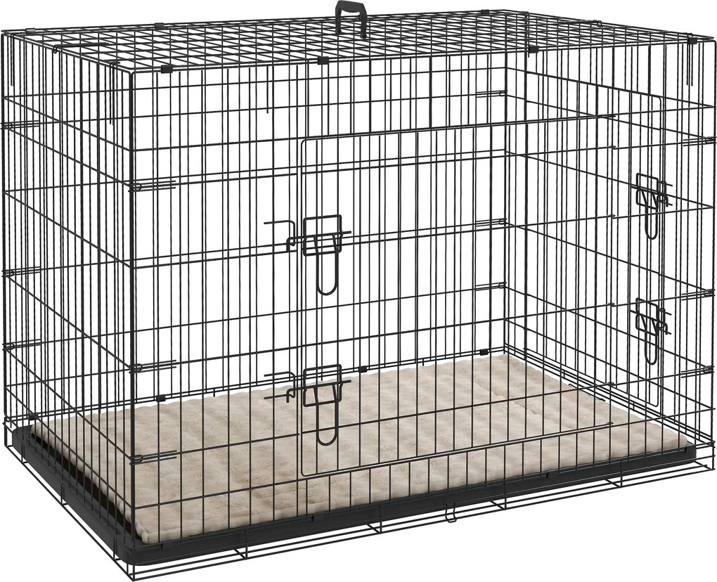 Gaiola de transporte dobrável para cães com pega, tabuleiro removível e almofada incluída – 105 x 70 x 75 cm – preta