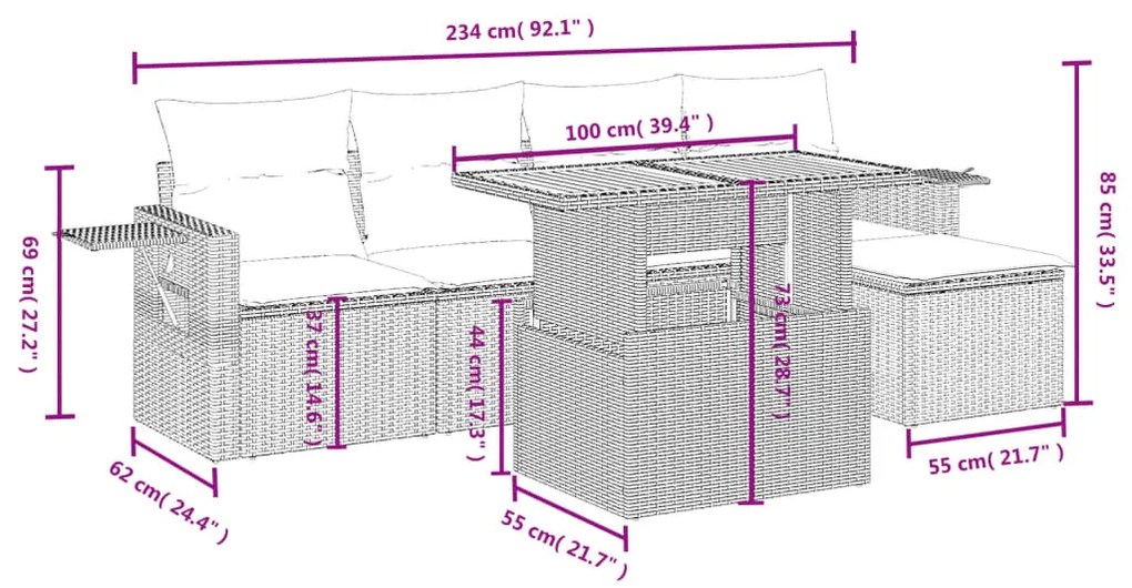 6 pcs conjunto sofás de jardim c/ almofadões vime PE preto