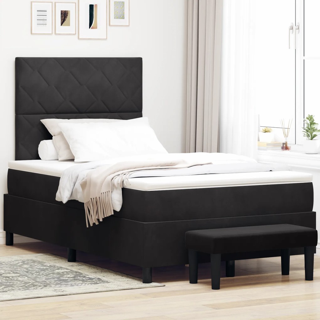 vidaXL Cama box spring com colchão e banco preto 120x200 cm veludo