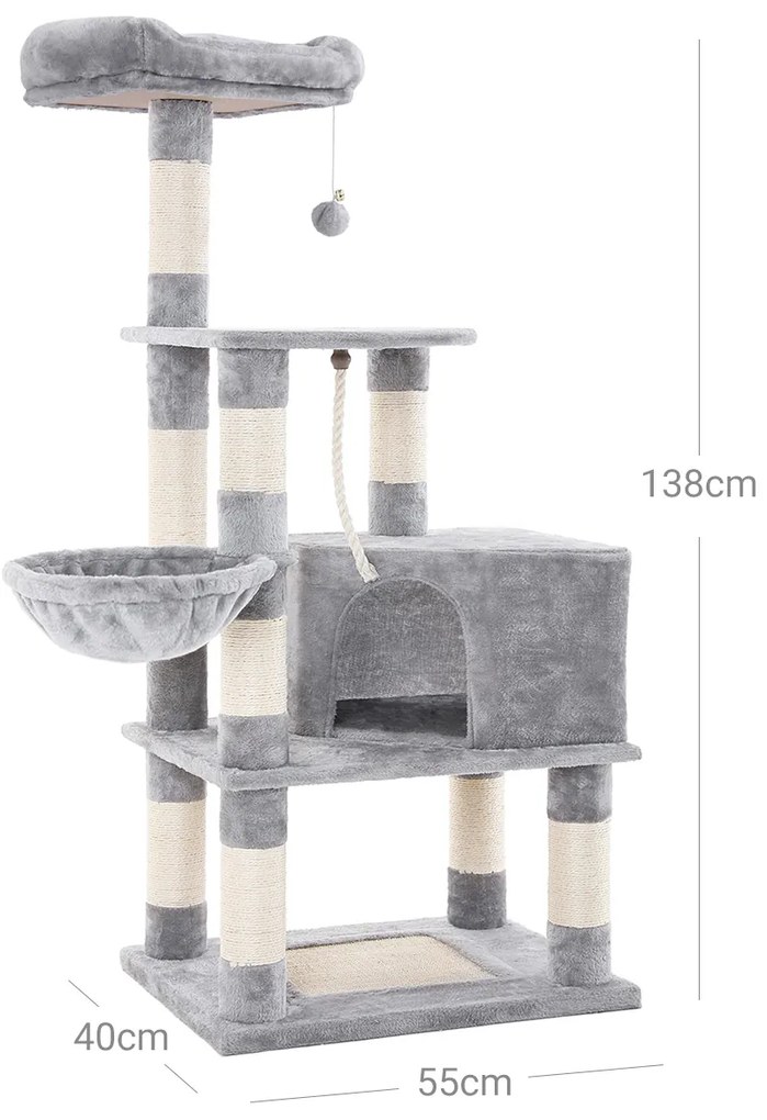 Arranhador do gato com torre alta 55 x 40 x 138 cm cinzento