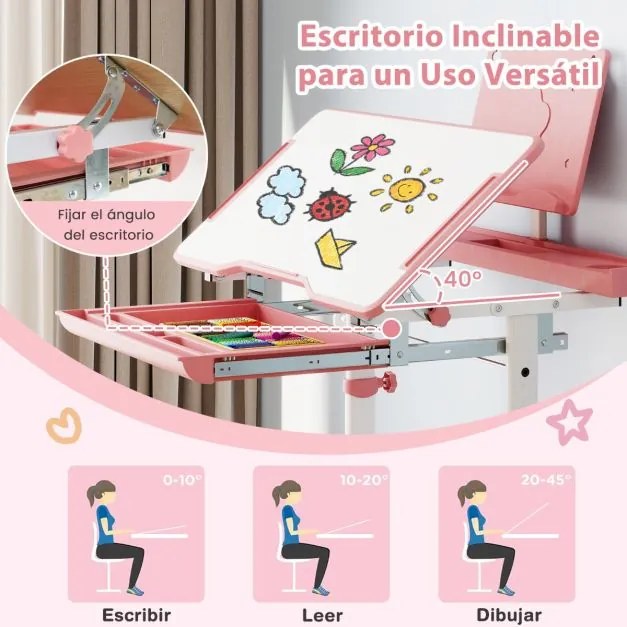 Conjunto de secretária e cadeira para crianças com altura ajustável, tampo inclinável, porta-copos, gaveta e cadeira ergonómica rosa