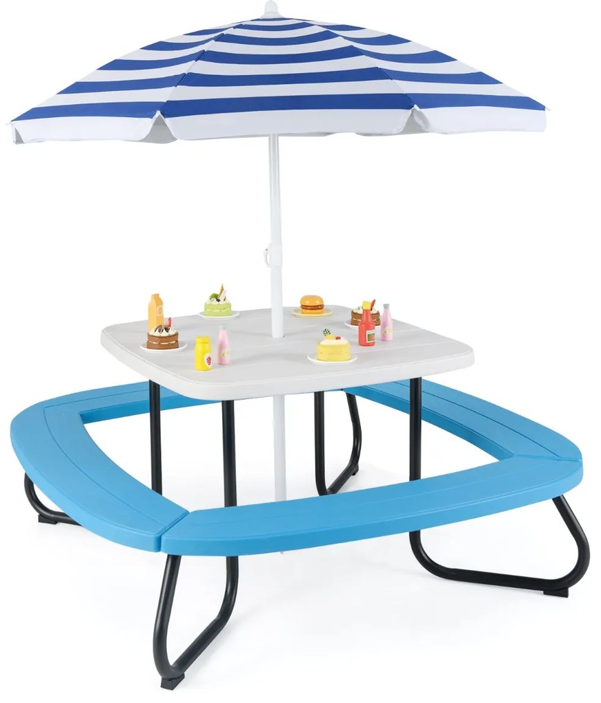 Mesa de atividades jardim crianças com guarda-sol ajustável e dobrável, 4 bancos incorporados até 8 crianças, 125 × 125 × 100-160 cm branca