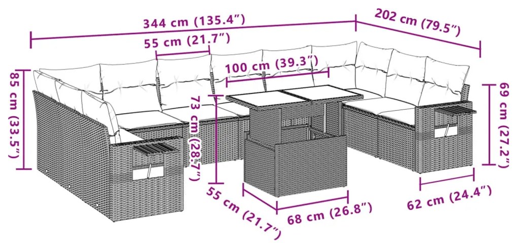 11 pcs conjunto sofás de jardim c/ almofadões vime PE cinzento