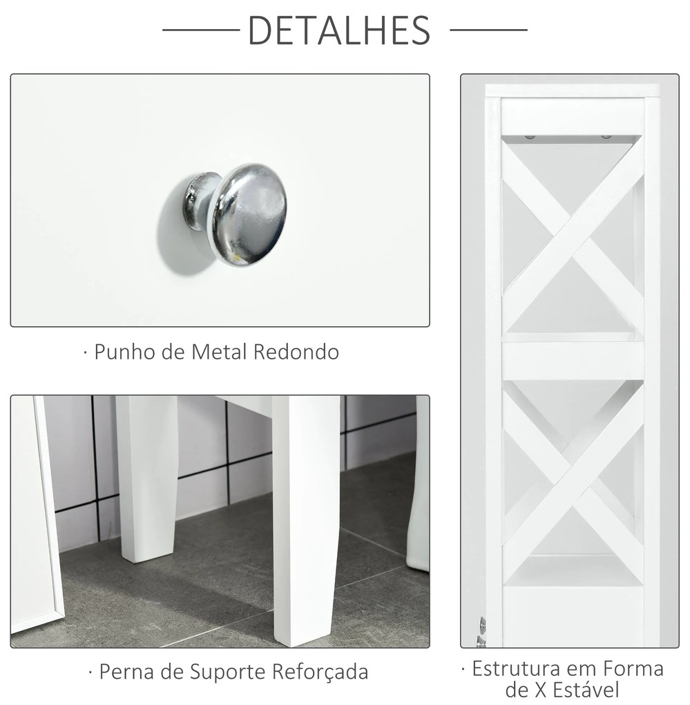 Armário de banheiro com 3 prateleiras e 2 gavetas com dispositivo anti-queda 60x20x165 cm Branco