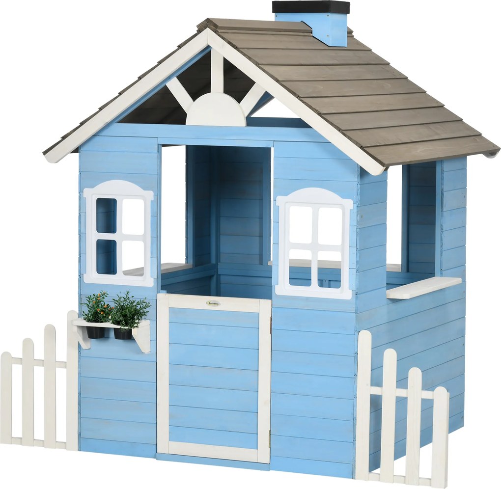 Outsunny Casa de Madeira de Jardim para Crianças de 3-7 Anos com Porta Janelas Vasos e Cercas Laterais 151x112,5x142 cm Azul | Aosom Portugal
